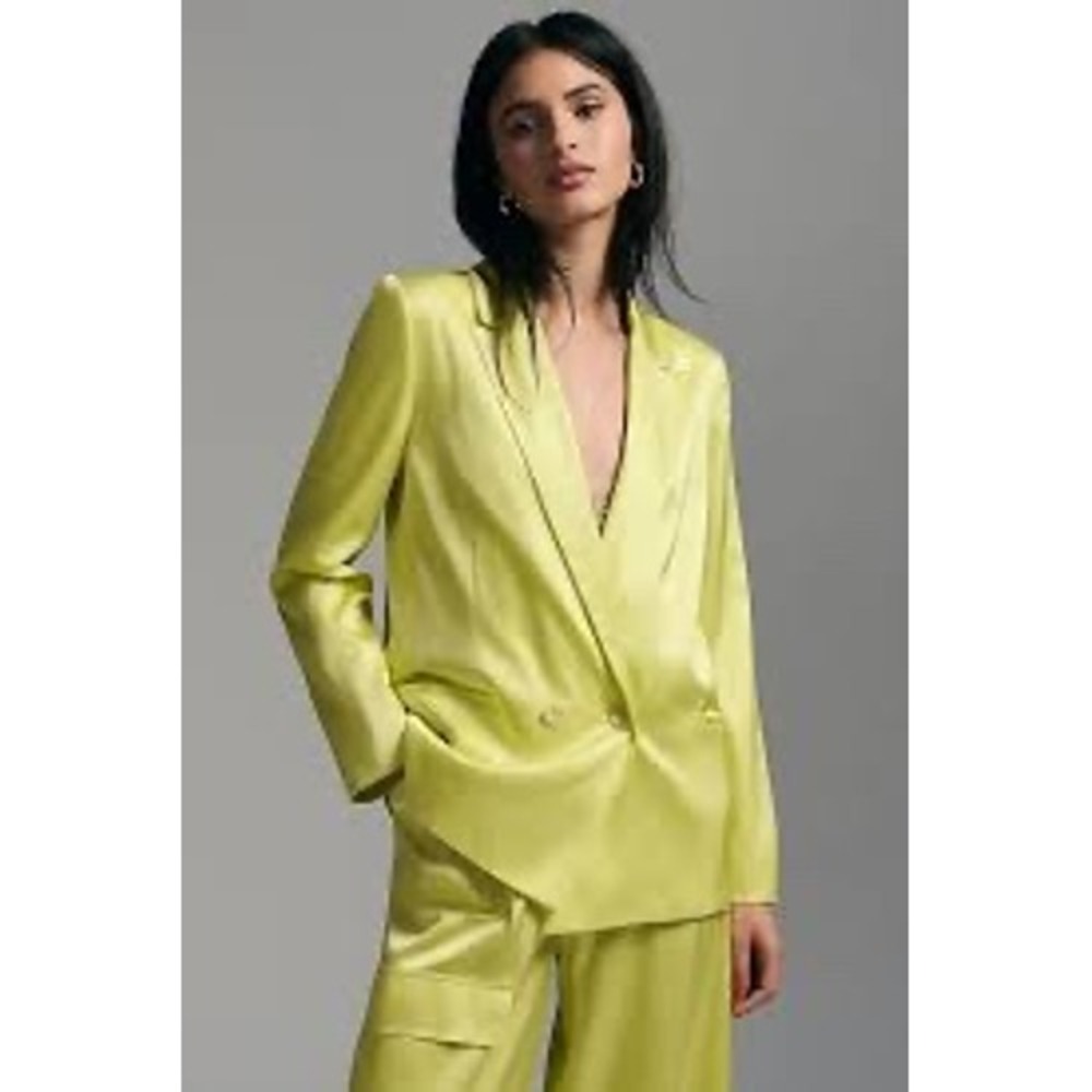 Hutch Satin Double Breasted Blazer Womens XS Yellow Party Formal Minimalist Luxe